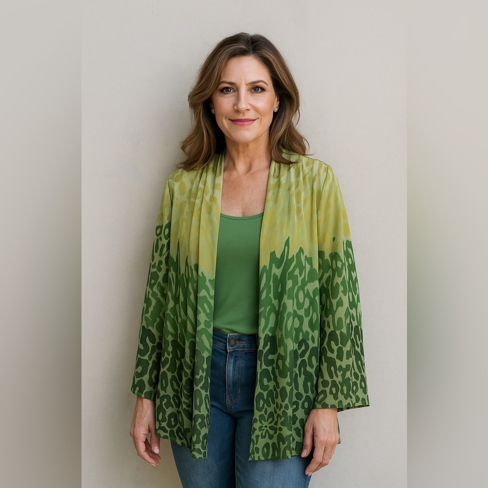 Susan Graver Green Ombre Animal Print Chiffon Kimono Cardigan Sheer Draped Large